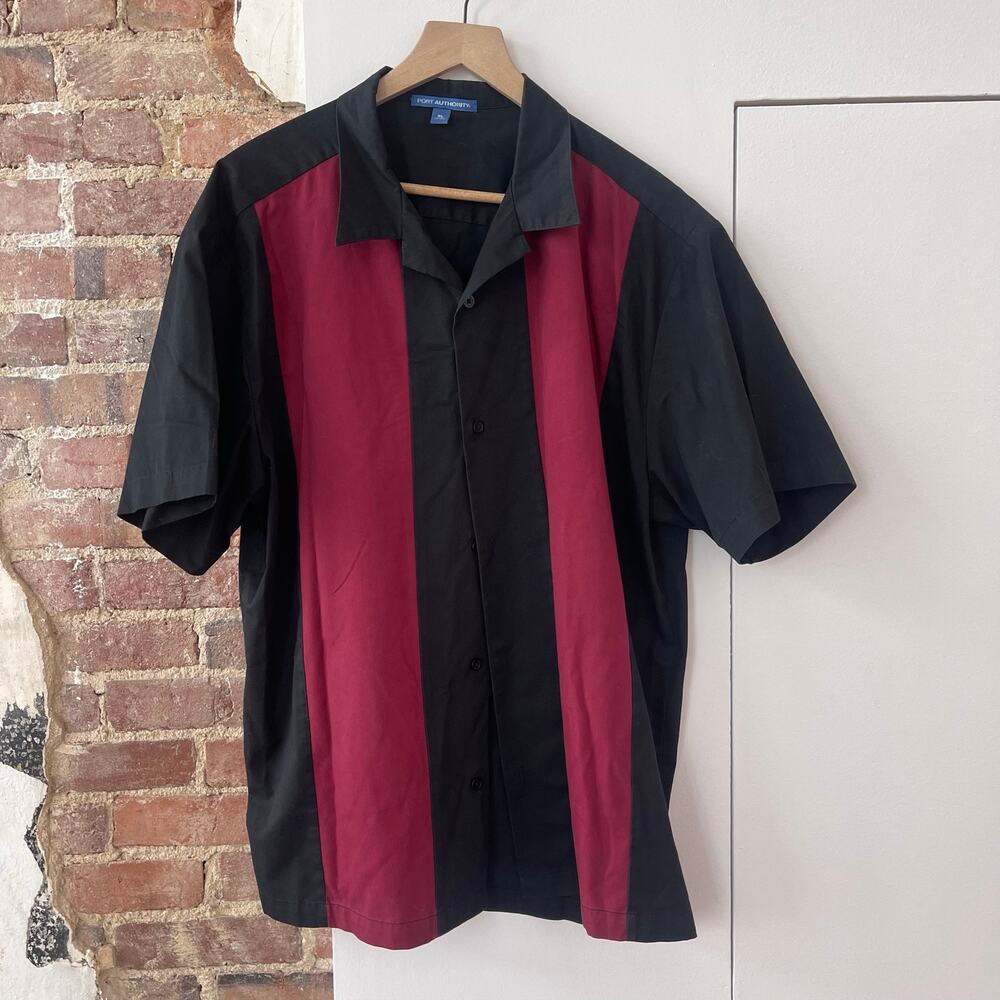 Port Authority S300 Men's XL Black Burgundy Bowling Camp Shirt Cotton Blend